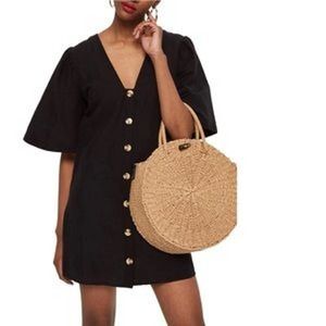 Topshop Black Button Front Angel Sleeve Short Linen Mini Shirt Dress Size 6